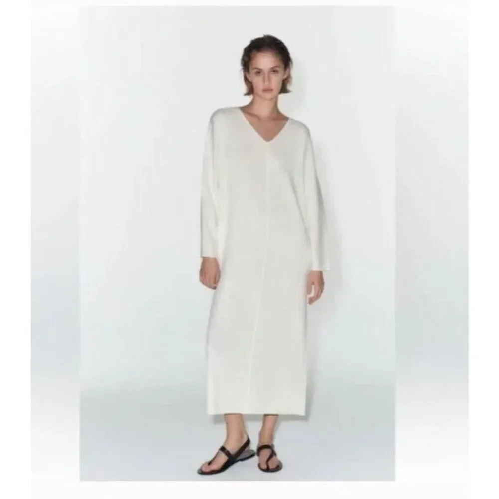 Zara Women Midi Knit Dress Size S Ecru Ivory Front seam long sleeve 5536/042 NWT